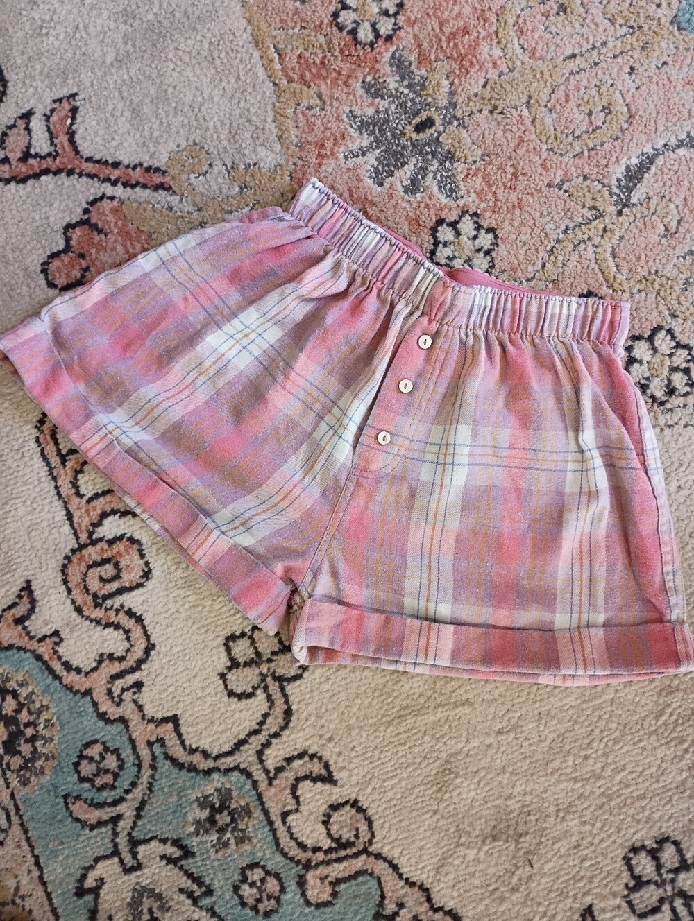 High-Waist Pink Plaid Button-Front Relaxed Shorts